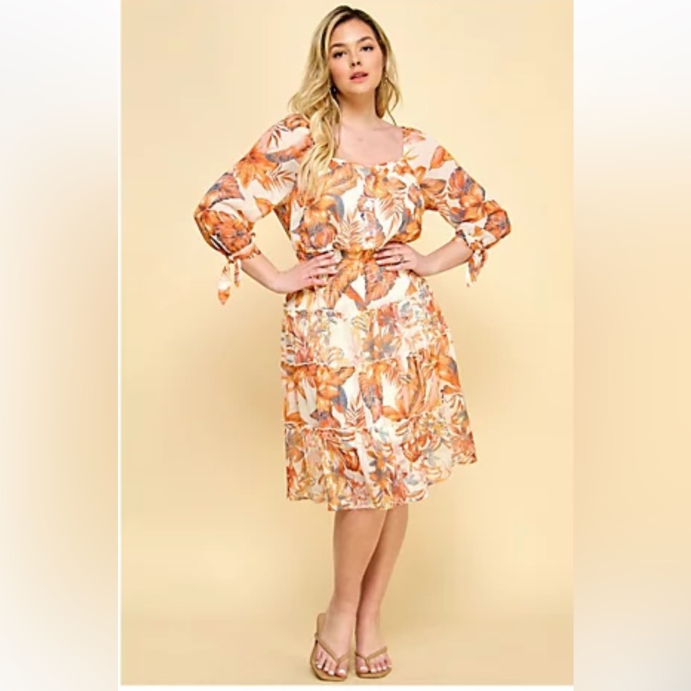 NWT! Figueroa & Flower Orange Tropical Print Smocked
Midi Dress -Plus Size 1X
